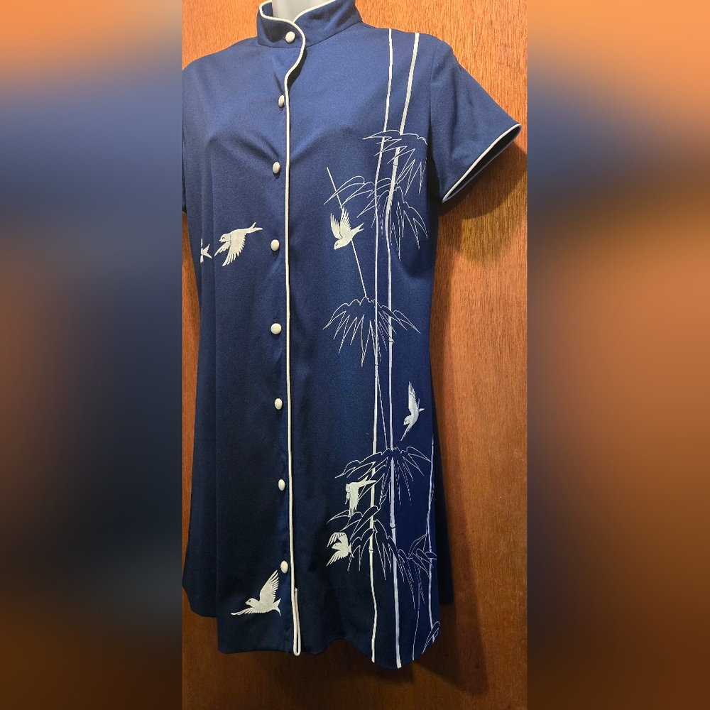 Shaheen Vintage mandarin Blue Dress w/ Bird &Bamboo szS - Picture 7 of 9